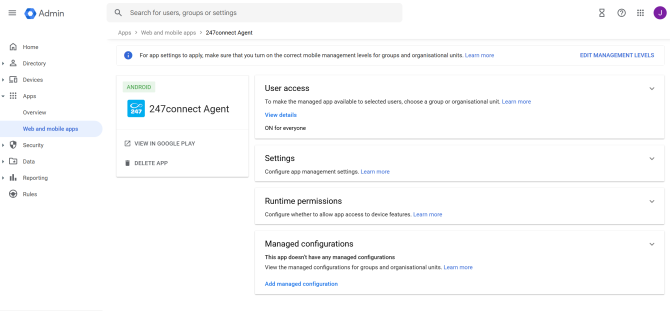 Google Admin Console showing the settings page for the 247connect Agent Android app. Sections include User access, Settings, Runtime permissions, and Managed configurations, with an option to Add managed configuration. The left menu highlights Web and mobile apps under the Apps section.